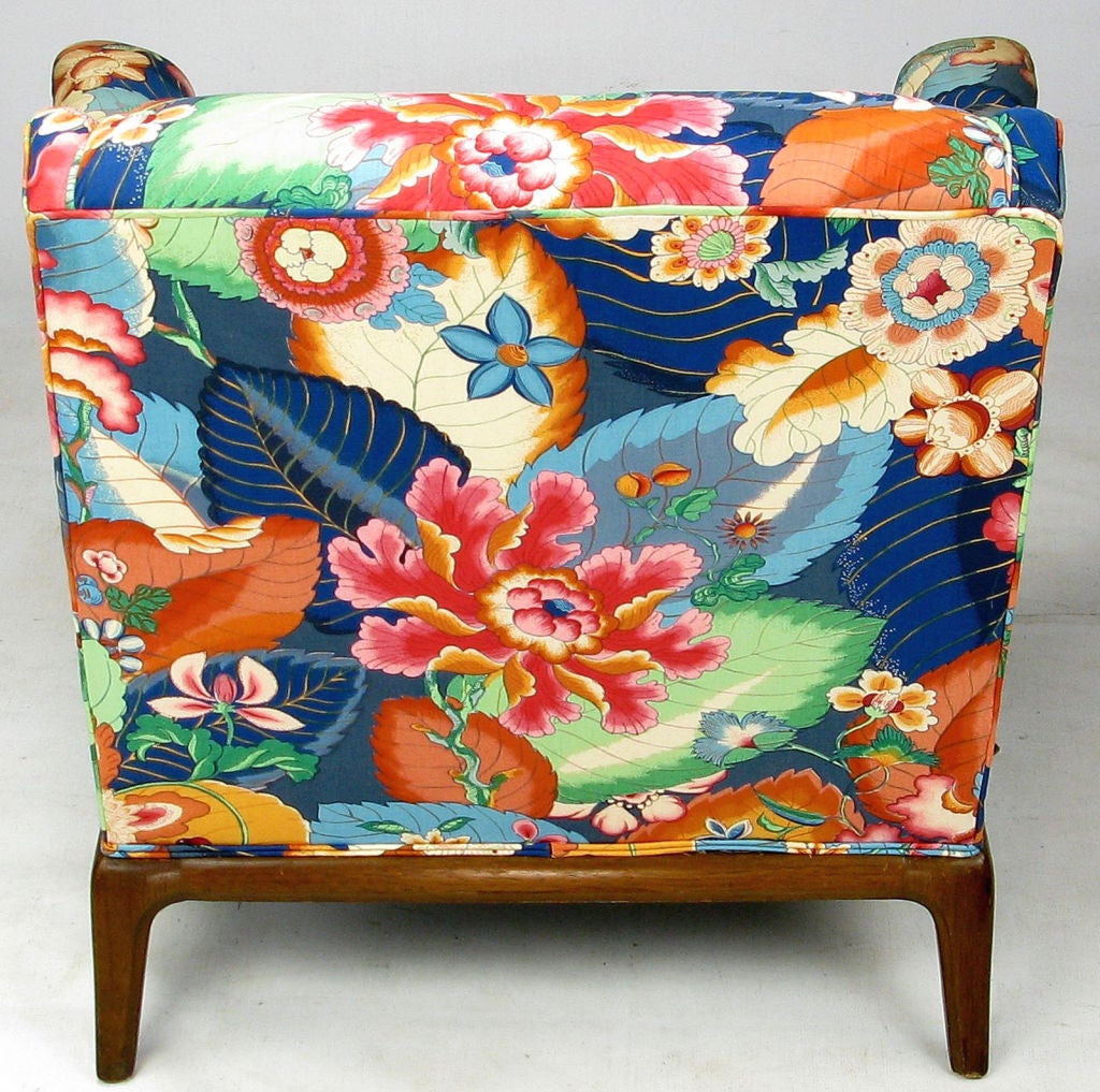 Wood Colorful Chintz Upholstered Club Chairs In The Style Of Wormley