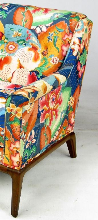 Colorful Chintz Upholstered Club Chairs In The Style Of Wormley 2