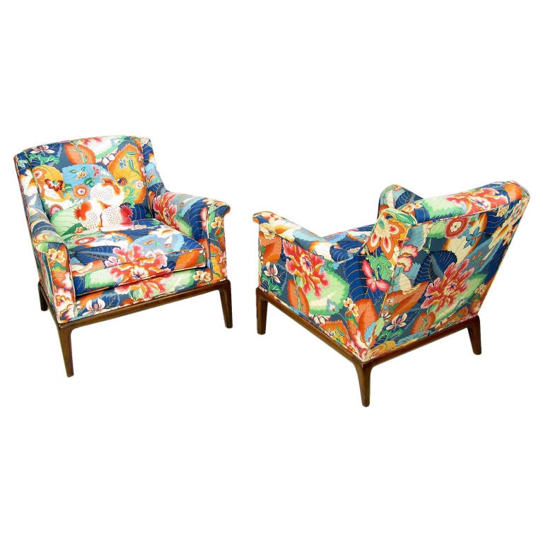 Colorful Chintz Upholstered Club Chairs In The Style Of Wormley