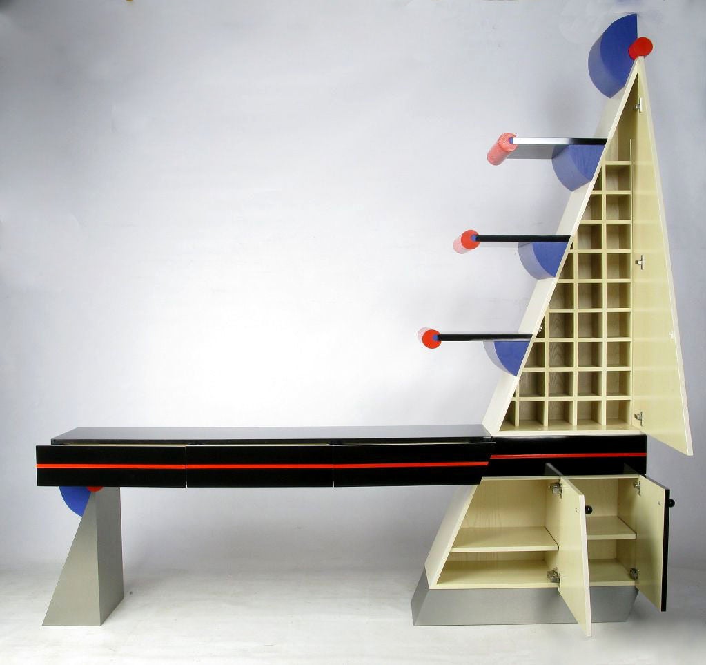 Paying homage to Ettore Sottsass and his Memphis group of furniture designers, this sideboard with tall cabinet is a combination of black lacquer, cerused light oak, red lacquer and blue lacquer.<br />
<br />
The drawer/service platform is black