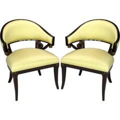Pair 1940s Mahogany & Yellow Silk Neoclassical  Armchairs
