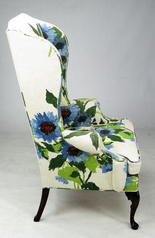 American Large Floral On White Linen Wing Chairs