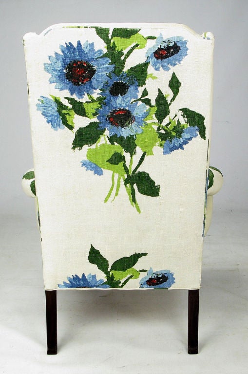 Mid-20th Century Large Floral On White Linen Wing Chairs
