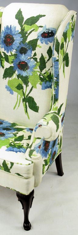 Large Floral On White Linen Wing Chairs 1