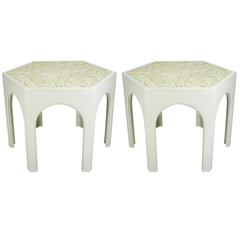 Pair White Hexagonal Iridescent Tile Top Side Tables