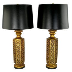 Pair Moorish Style  Octagonal Gilt Ceramic Table Lamps