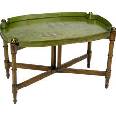 Vintage Moss Green Tole & Walnut X-Base Tray Coffee Table