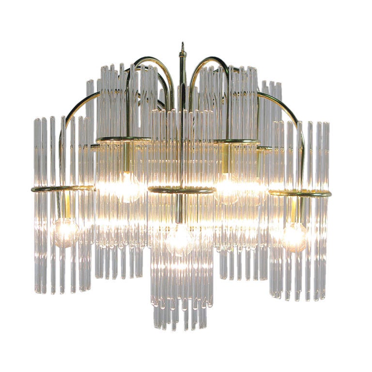 Cernuous Cernuous Lightolier Glass Rod And Brass Chandelier at 1stDibs
