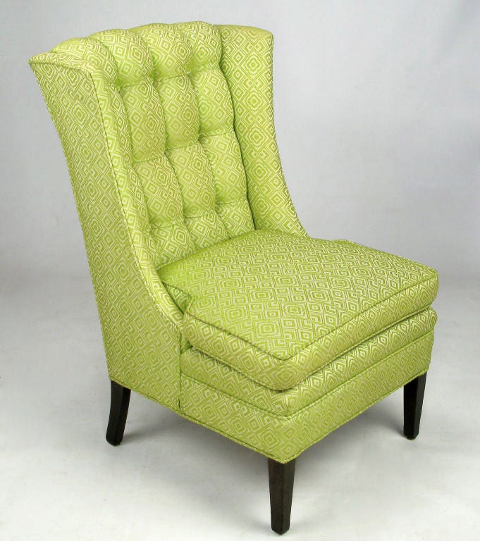 Paar 1940er Jahre Celery Geometric Damask Button-Tufted Slipper Stühle