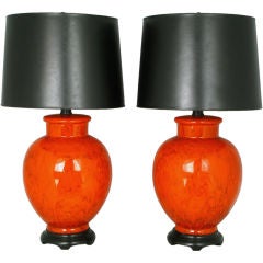 Pair  Persimmon & Carmine Glazed Pottery Table Lamps