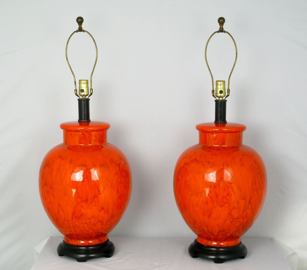 Pair  Persimmon & Carmine Glazed Pottery Table Lamps