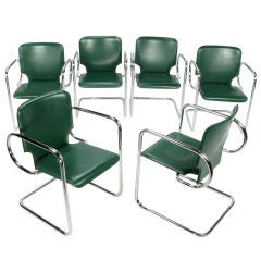 Vintage Set Six Italian Green Leather & Chrome Arm Chairs