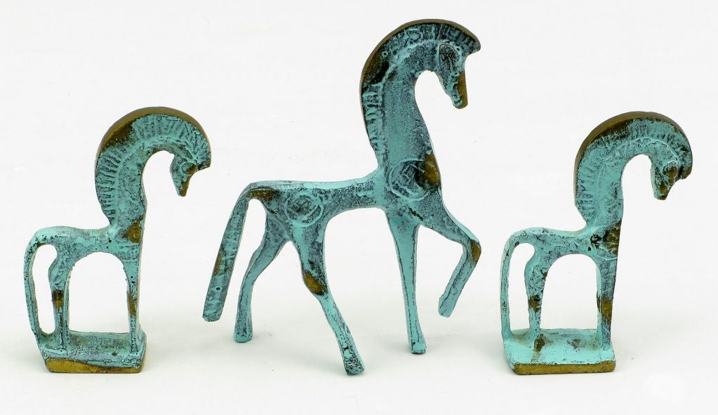 Set Of Three Petite Patinated Bronze Etruscan Horses