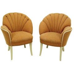 Vintage Pair Asymmetrical Shellback Arm Chairs In Cinnamon Upholstery