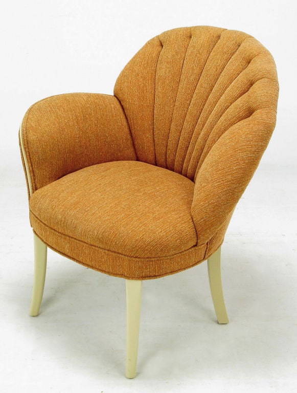 Mahogany Pair Asymmetrical Shellback Arm Chairs In Cinnamon Upholstery