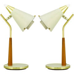 Pair Gerald Thurston For Lightolier Brass & Walnut Desk Lamps
