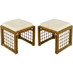 Vintage Pair  Square Rattan Benches With Ivory Haitian Cotton Upholstery