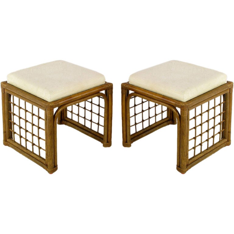 Pair  Square Rattan Benches With Ivory Haitian Cotton Upholstery