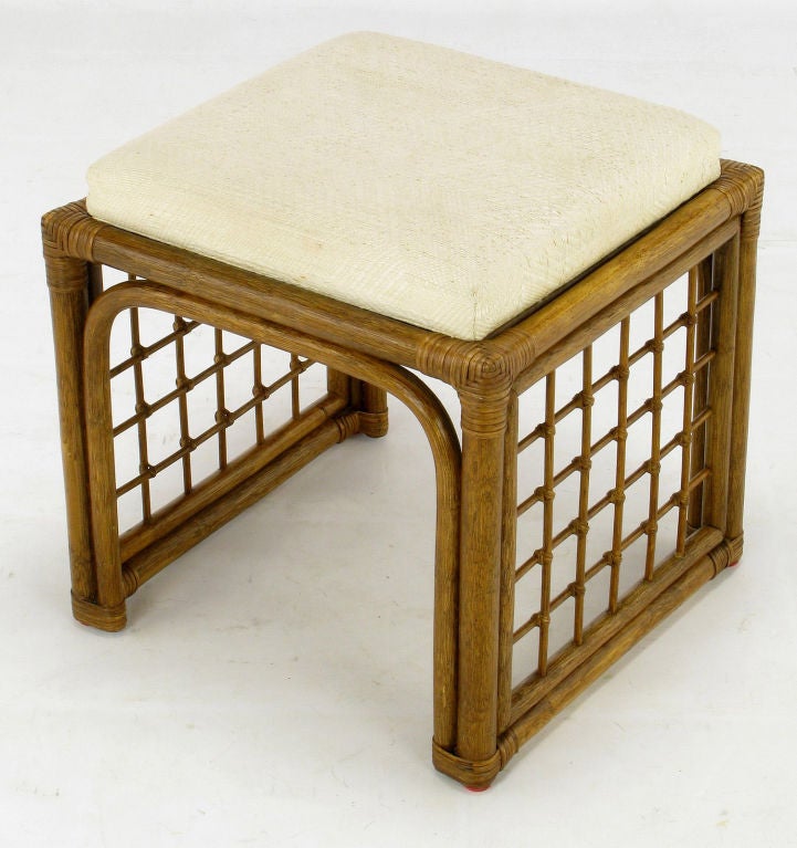 American Pair  Square Rattan Benches With Ivory Haitian Cotton Upholstery