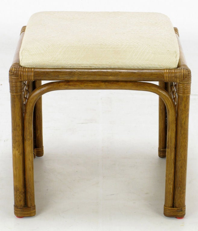 Late 20th Century Pair  Square Rattan Benches With Ivory Haitian Cotton Upholstery