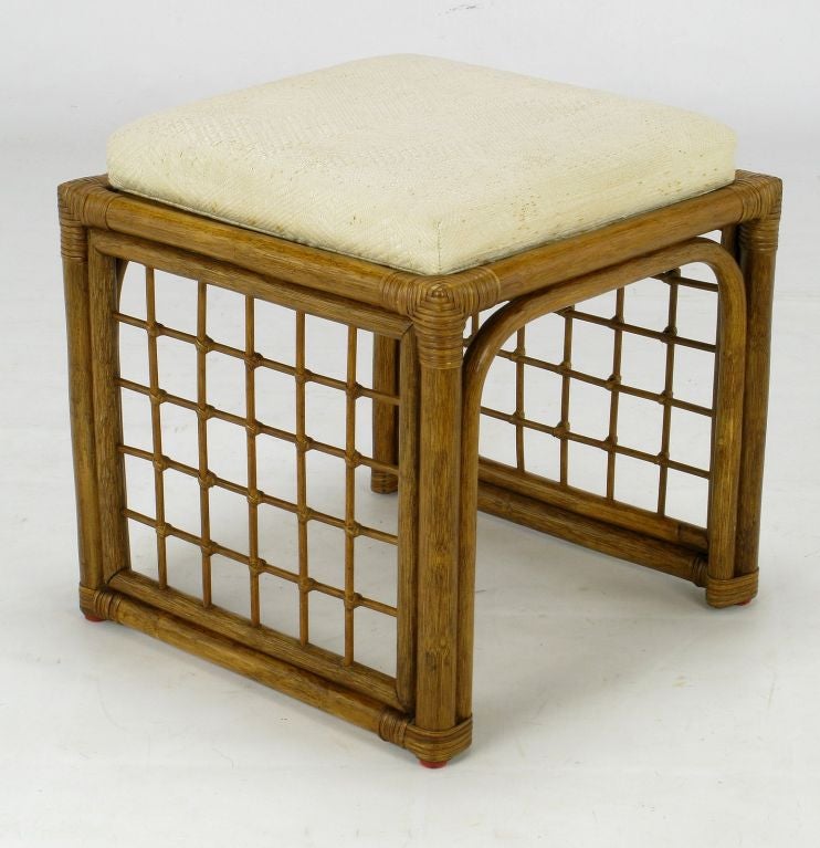 Pair  Square Rattan Benches With Ivory Haitian Cotton Upholstery 2