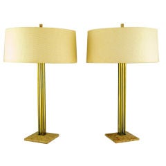 Pair Stiffel Rouge Marble & Square Brass Rods Table Lamps