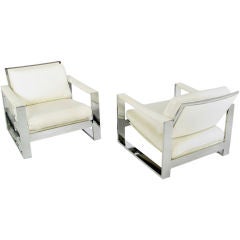 Pair Chrome Solid Steel Frame Club Chairs In White Cotton