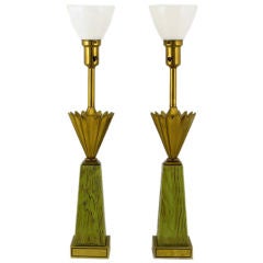 Pair Stiffel Brass Crown & Sage Lacquer Obelisk Table Lamps