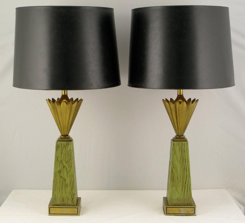Pair Stiffel Brass Crown & Sage Lacquer Obelisk Table Lamps