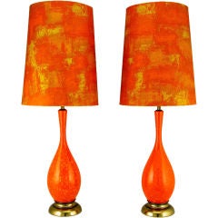 Pair Persimmon & Gamboge Stippled Glaze Table Lamps