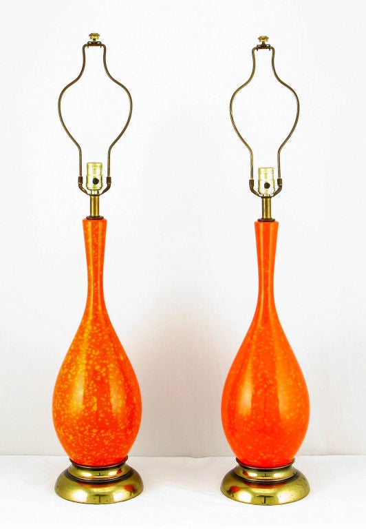 Pair Persimmon & Gamboge Stippled Glaze Table Lamps