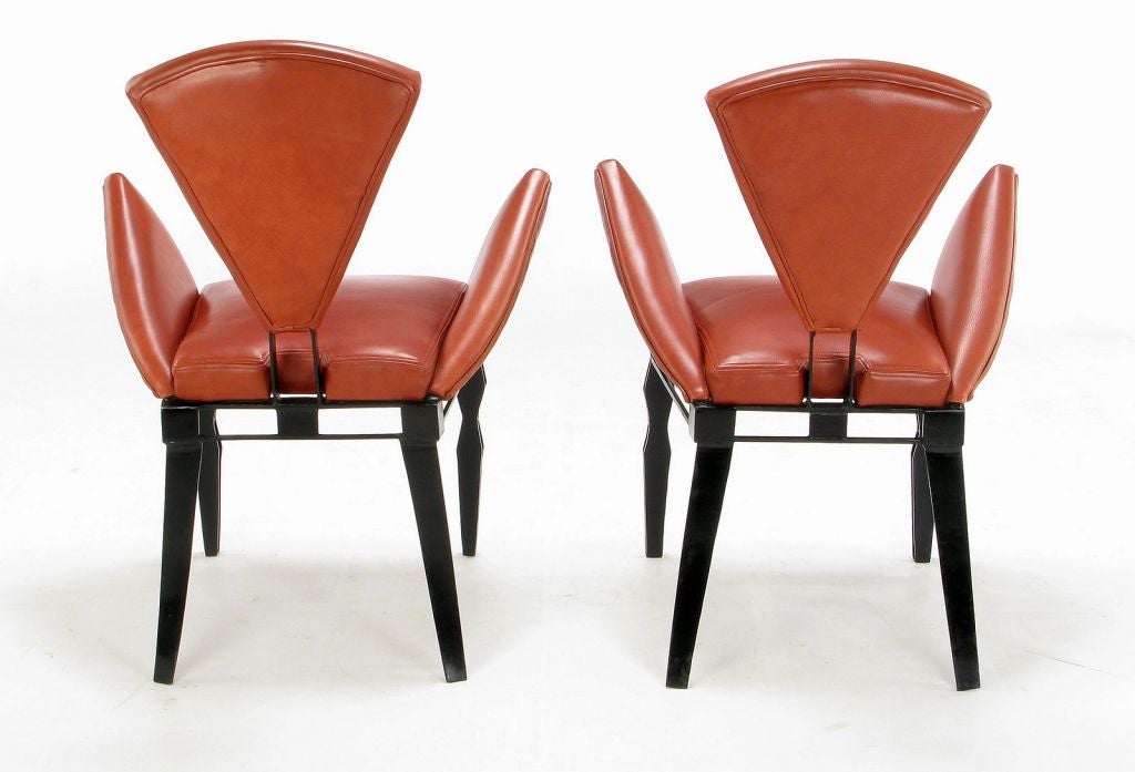 Very rare examples of the Vinta Chair, designed by Joaquin Gasgonia Palencia in the early 1990s. Their postmodern and post-Memphis design was inspired by the fleet of vinta sailboats with triangular sails found in the southern part of the