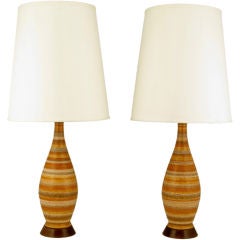 Pair Striped Salt Glazed Pottery Table Lamps