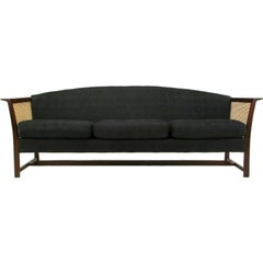 Brazilian Rosewood & Cane Sofa With Black Upholstery