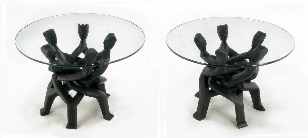 Pair Figural Carved & Ebonized Chain Wood Side Tables
