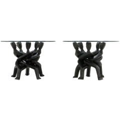 Pair Figural Carved & Ebonized Chain Wood Side Tables