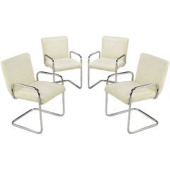 Set Four Milo Baughman Chrome & Ivory Raw Cotton Dining Chairs