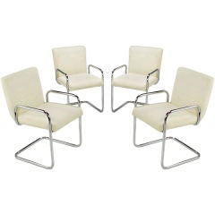 Set Four Milo Baughman Chrome & Ivory Raw Cotton Dining Chairs