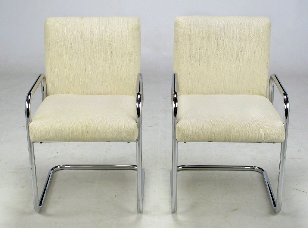 Set Four Milo Baughman Chrome & Ivory Raw Cotton Dining Chairs