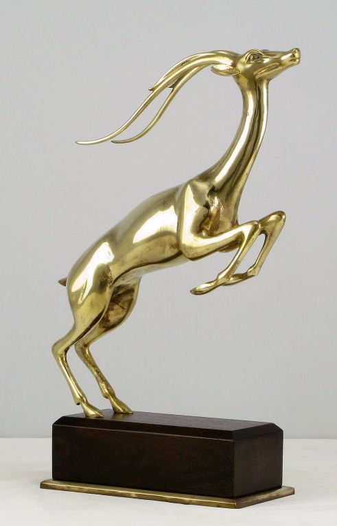 Large Brass Gazelle Sculpture On Walnut & Brass Pedestal.