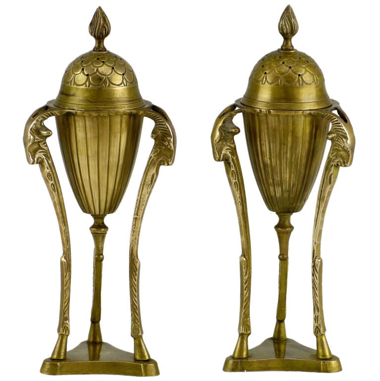 Pair Brass Rams Heads & Hooves Empire Style Incense Burners