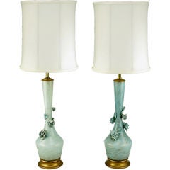 Pair Marbro Blue Murano Glass Table Lamps With Floral Appliques