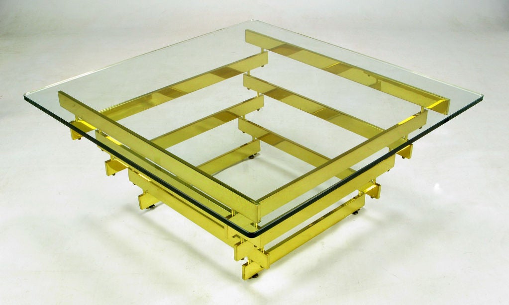 American Architectural Stacked Solid Brass Bar & Glass Coffee Table