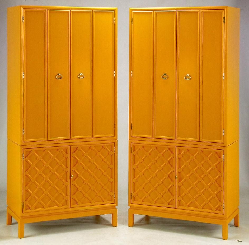 Pair Tall Architectural Two-Piece Cabinets In Tangerine Lacquer
