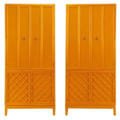 Pair Tall Architectural Two-Piece Cabinets In Tangerine Lacquer