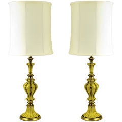 Pair Rembrandt  Brass & Antiqued Saffron Yellow Table Lamps