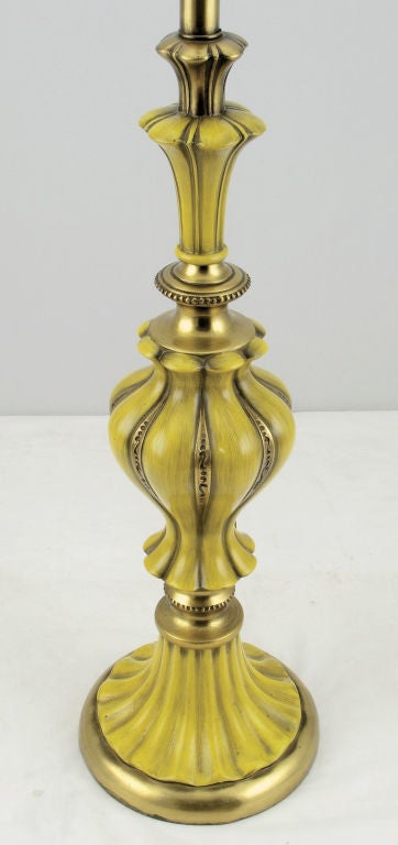 American Pair Rembrandt  Brass & Antiqued Saffron Yellow Table Lamps
