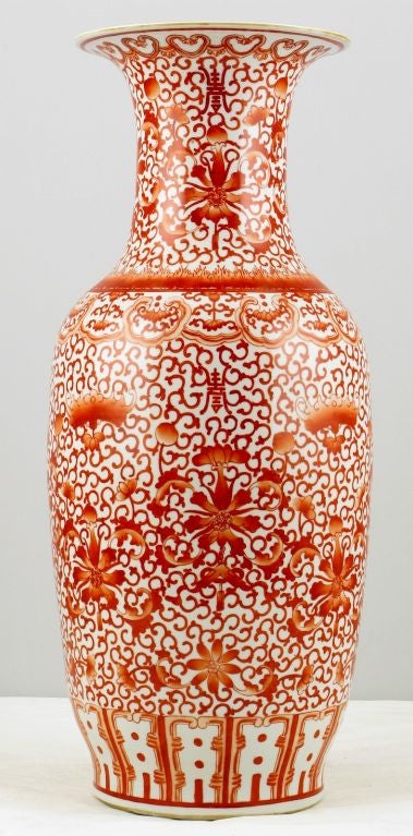 Mid-20th Century Pair Sizable Persimmon Orange & White Patterned Chinese Vases