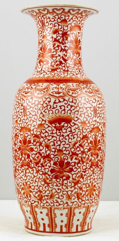 Pair Sizable Persimmon Orange & White Patterned Chinese Vases 1