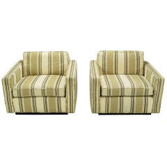 Pair Of 1960s Cube Club Chairs In Taupe Striped Upholstery